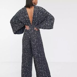 NWT ASOS Navy Sequin Kimono Sleeve Wide Leg Jumpsuit     UK 8/ US 4